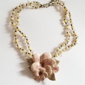 Carol Halmy necklace porcelain  rose quartz flower floral beaded